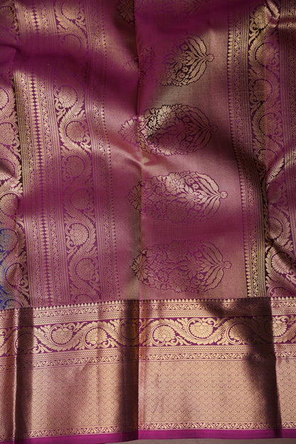 Royal Blue Pure Kanchipuram Silk Saree with Antique Gold Zari & Magenta Accents | Silk Mark Certified