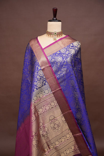 Royal Blue Pure Kanchipuram Silk Saree with Antique Gold Zari & Magenta Accents | Silk Mark Certified