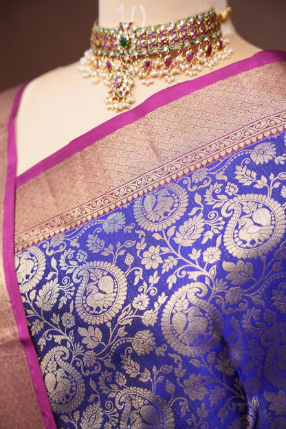 Royal Blue Pure Kanchipuram Silk Saree with Antique Gold Zari & Magenta Accents | Silk Mark Certified