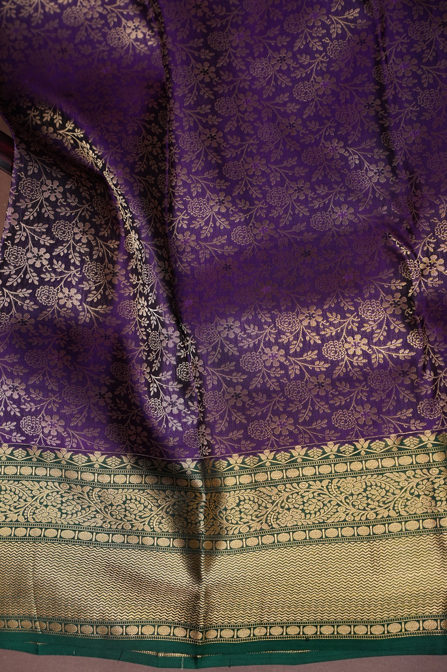 Emerald Green & Royal Purple Pure Kanchipuram Silk Saree with Antique Gold Zari | Silk Mark Certified
