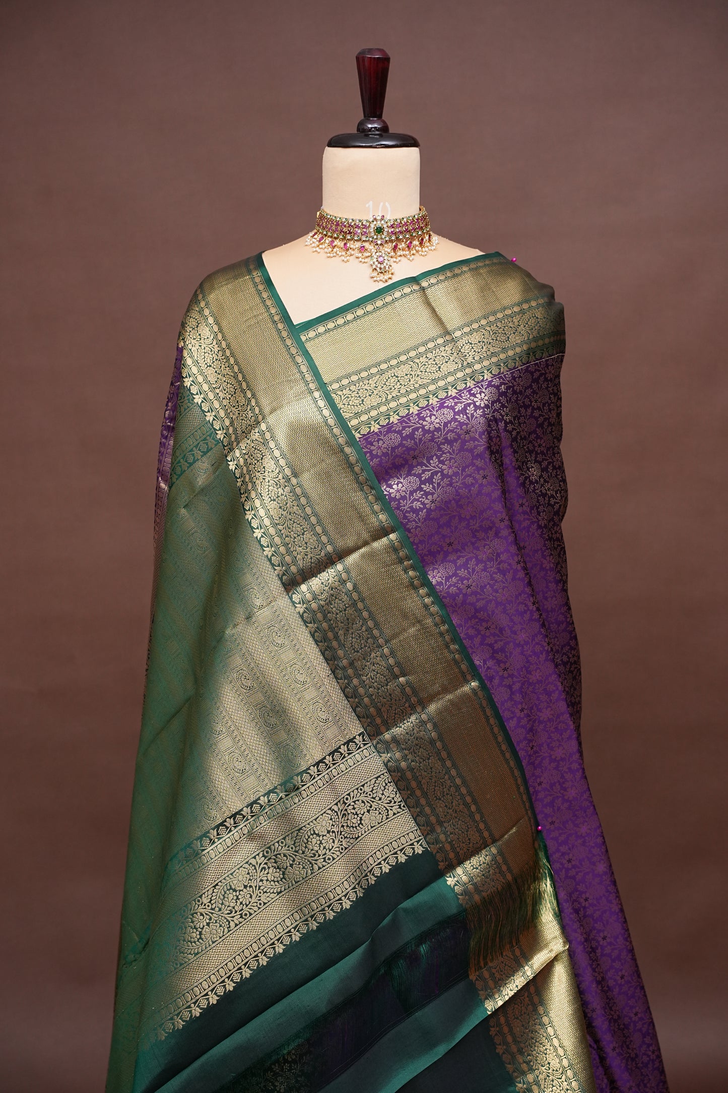 Emerald Green & Royal Purple Pure Kanchipuram Silk Saree with Antique Gold Zari | Silk Mark Certified