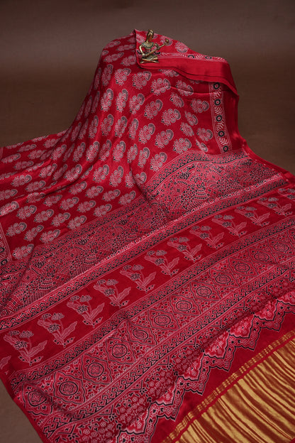 Pure Modal Silk Saree with Ajrakh Prints - Red