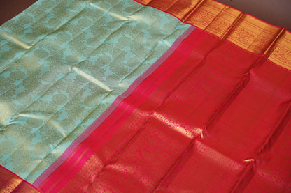 Coral Pink & Mint Green Kanchipuram Silk Saree with 2 gram gold Rich Zari Weaving|Silk Mark Certified