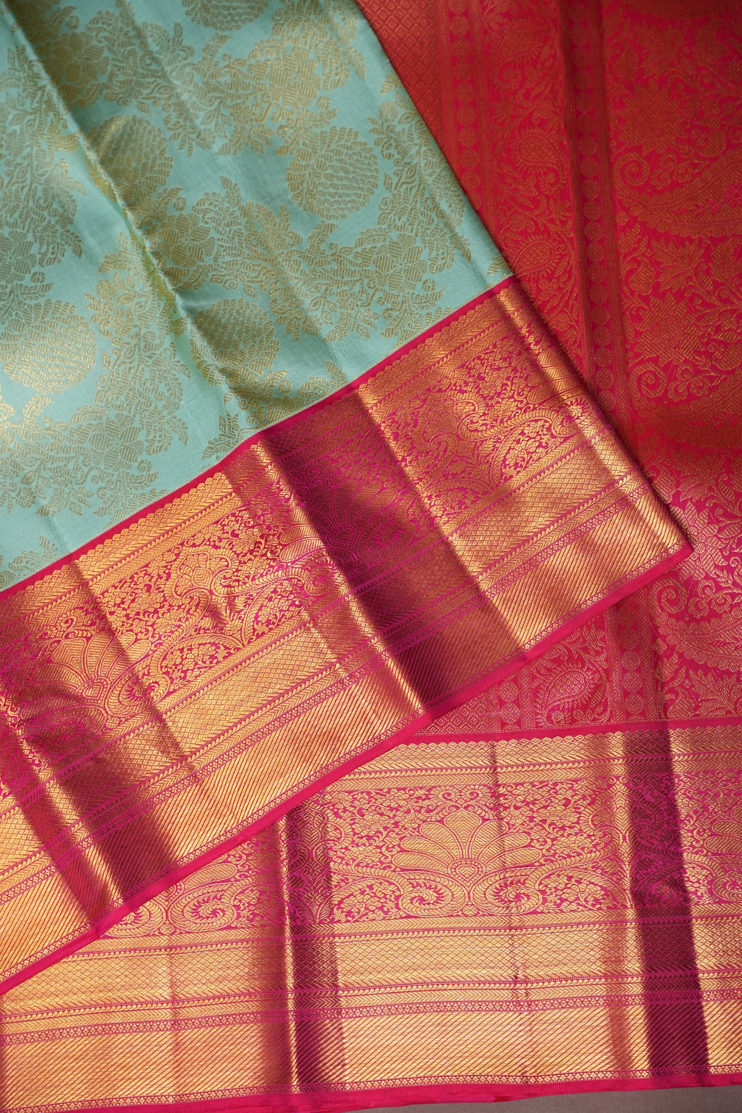 Coral Pink & Mint Green Kanchipuram Silk Saree with 2 gram gold Rich Zari Weaving|Silk Mark Certified