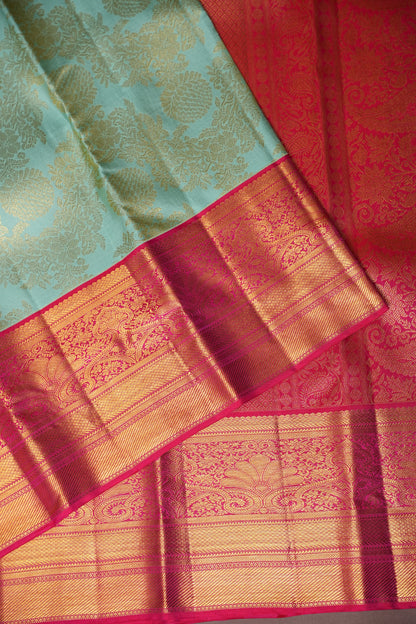 Coral Pink & Mint Green Kanchipuram Silk Saree with 2 gram gold Rich Zari Weaving|Silk Mark Certified