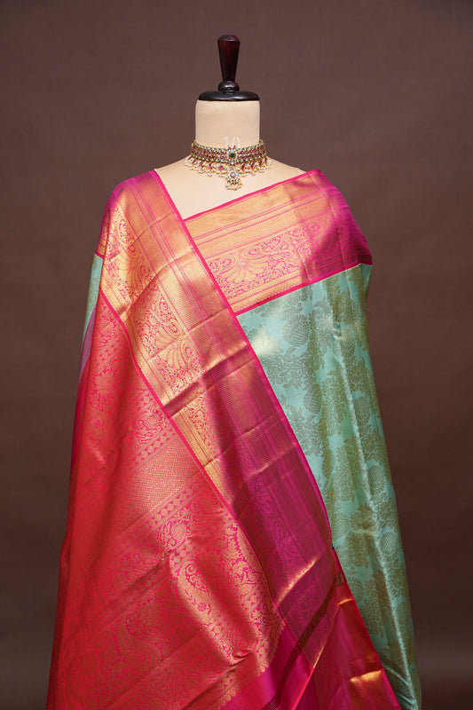 Coral Pink & Mint Green Kanchipuram Silk Saree with 2 gram gold Rich Zari Weaving|Silk Mark Certified