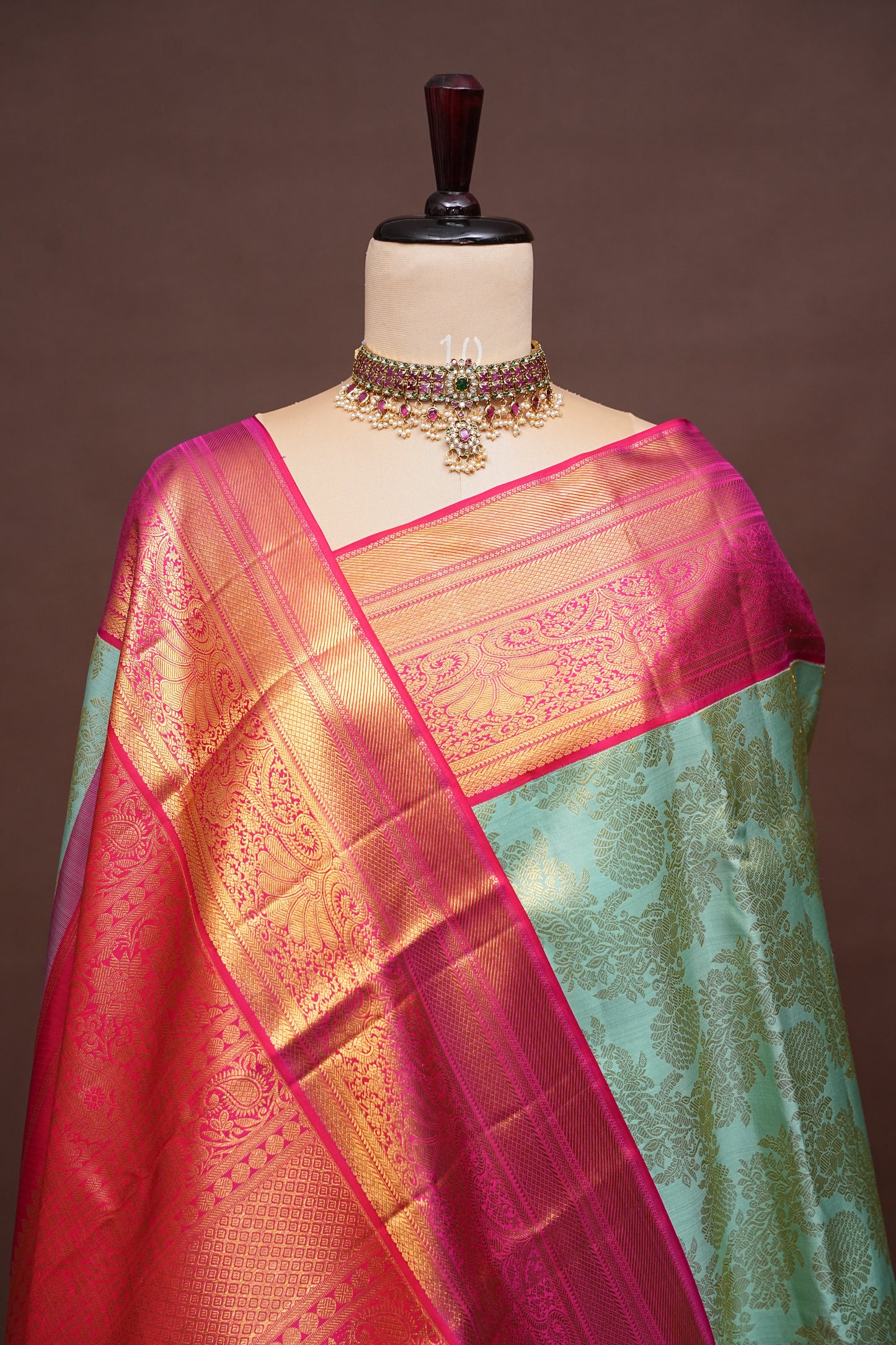 Coral Pink & Mint Green Kanchipuram Silk Saree with 2 gram gold Rich Zari Weaving|Silk Mark Certified