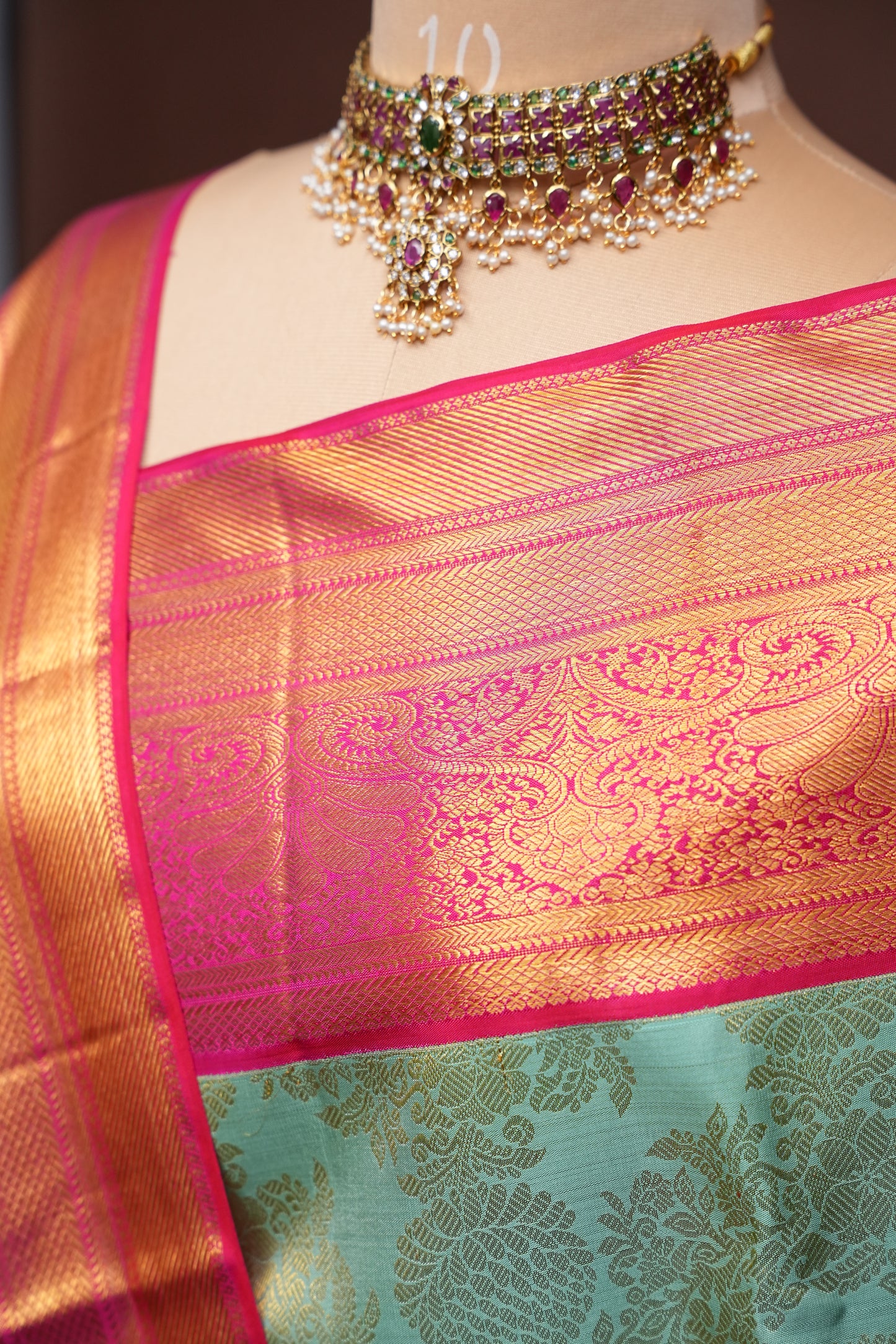 Coral Pink & Mint Green Kanchipuram Silk Saree with 2 gram gold Rich Zari Weaving|Silk Mark Certified