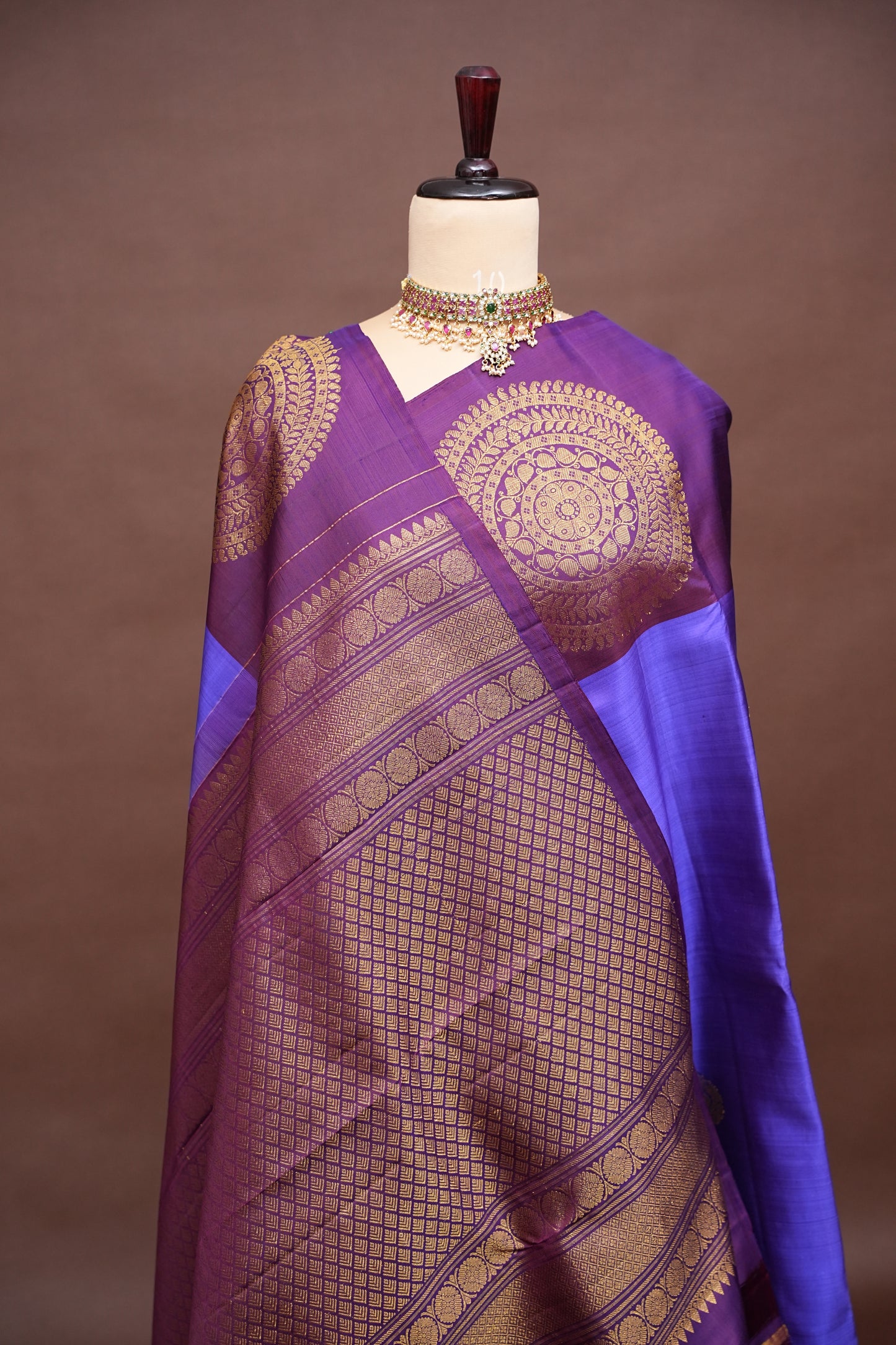 Purple & Deep Purple Pure Kanchipuram Silk Saree with Antique Gold Zari Weaving|Silk Mark Certified