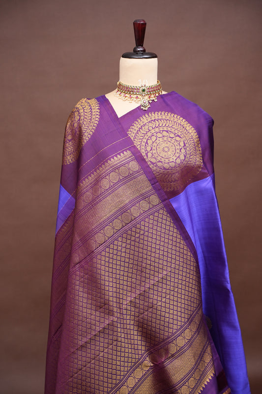 Purple & Deep Purple Pure Kanchipuram Silk Saree with Antique Gold Zari Weaving|Silk Mark Certified