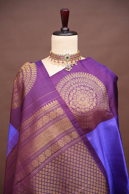 Purple & Deep Purple Pure Kanchipuram Silk Saree with Antique Gold Zari Weaving|Silk Mark Certified