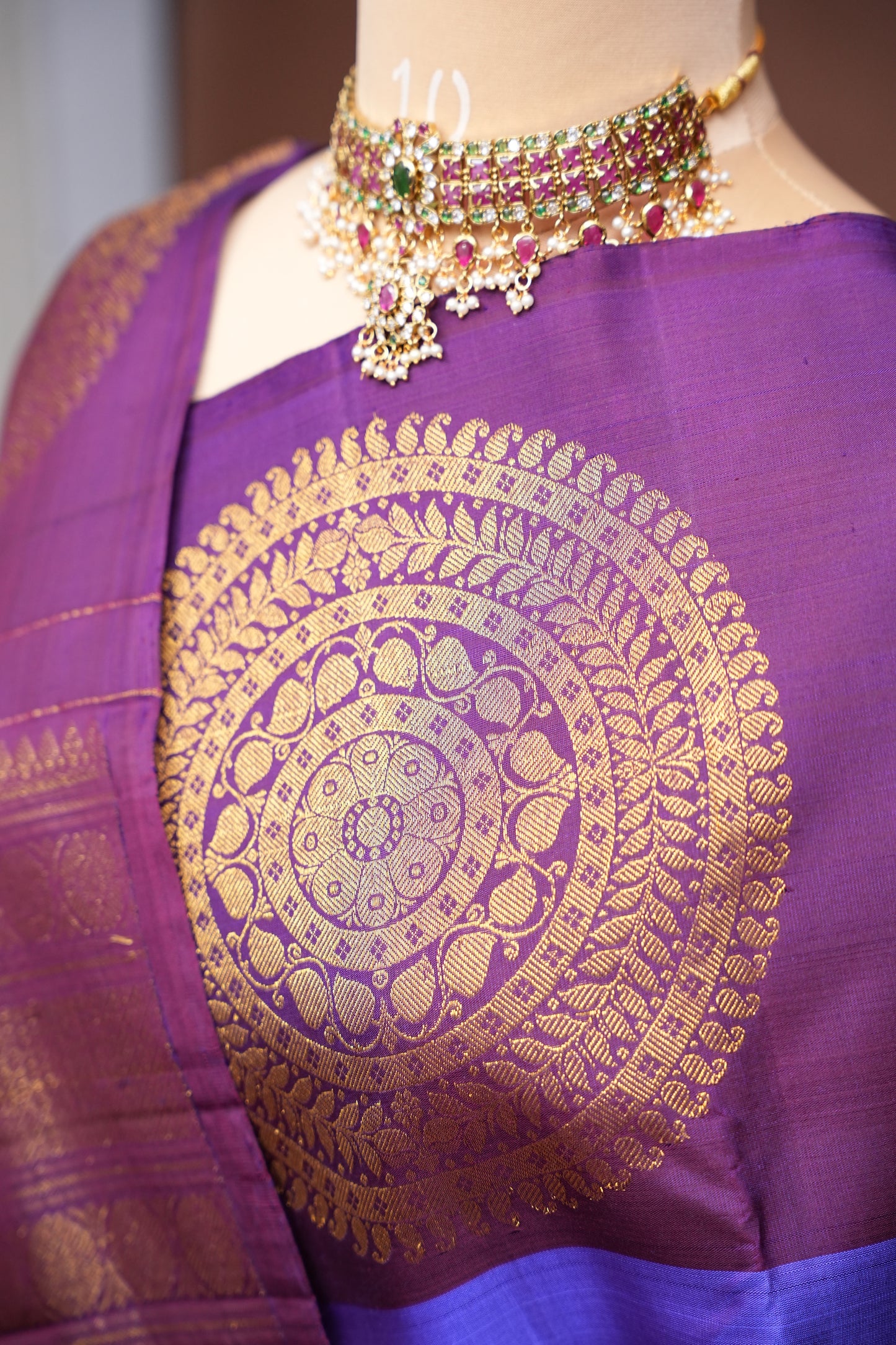 Purple & Deep Purple Pure Kanchipuram Silk Saree with Antique Gold Zari Weaving|Silk Mark Certified