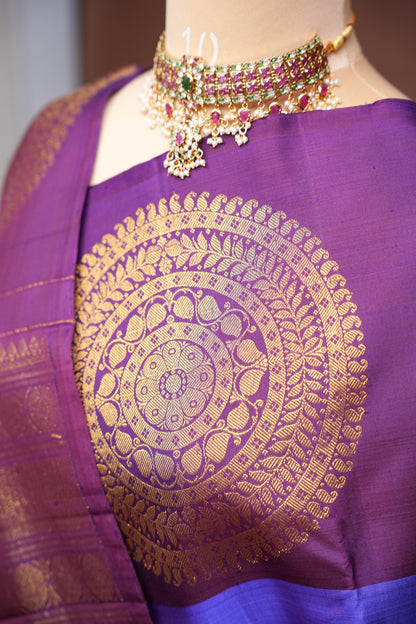 Purple & Deep Purple Pure Kanchipuram Silk Saree with Antique Gold Zari Weaving|Silk Mark Certified