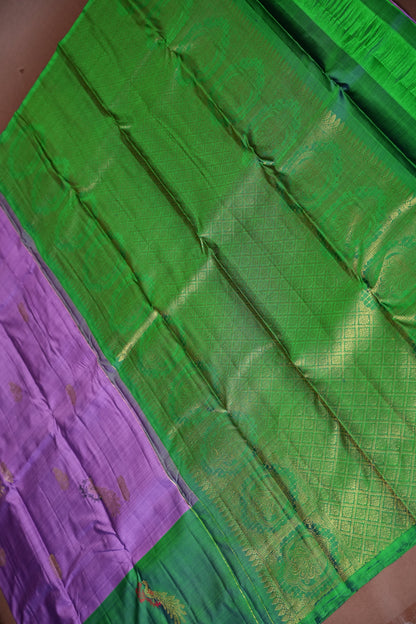 Lavender Pure Kanchipuram Silk Saree with Contrast Emerald Green Border | Silk Mark Certified