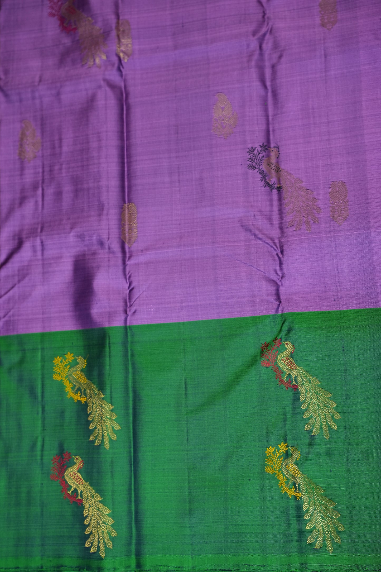 Lavender Pure Kanchipuram Silk Saree with Contrast Emerald Green Border | Silk Mark Certified