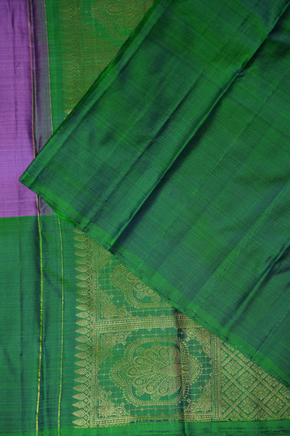 Lavender Pure Kanchipuram Silk Saree with Contrast Emerald Green Border | Silk Mark Certified