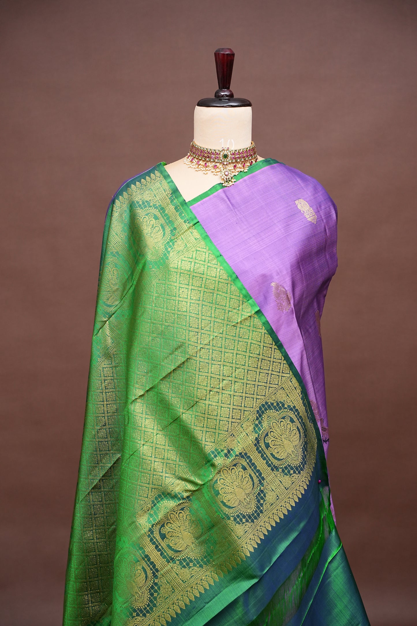 Lavender Pure Kanchipuram Silk Saree with Contrast Emerald Green Border | Silk Mark Certified
