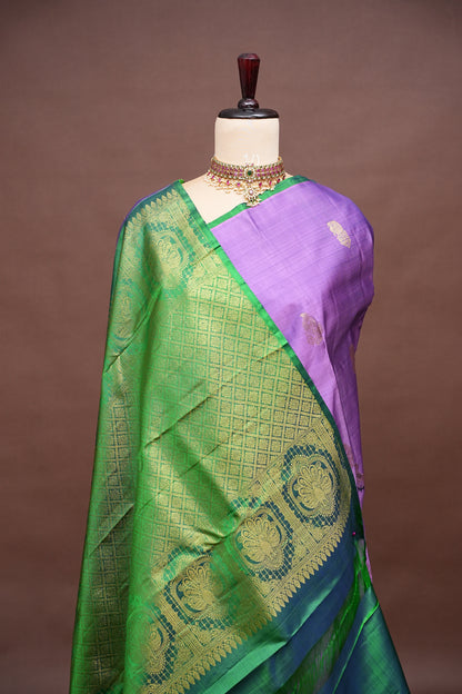 Lavender Pure Kanchipuram Silk Saree with Contrast Emerald Green Border | Silk Mark Certified