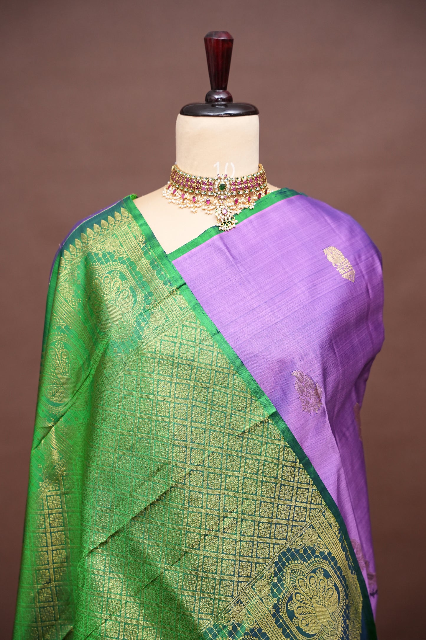 Lavender Pure Kanchipuram Silk Saree with Contrast Emerald Green Border | Silk Mark Certified