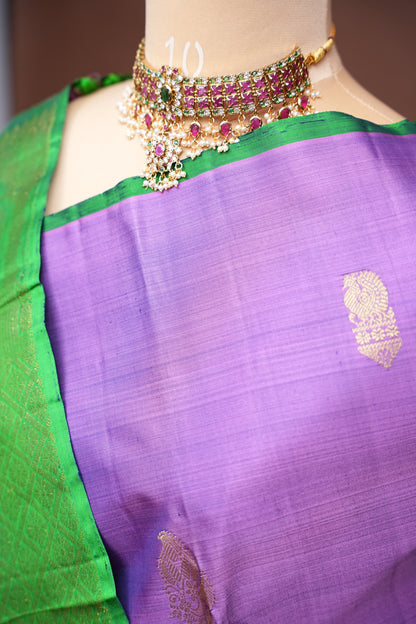 Lavender Pure Kanchipuram Silk Saree with Contrast Emerald Green Border | Silk Mark Certified