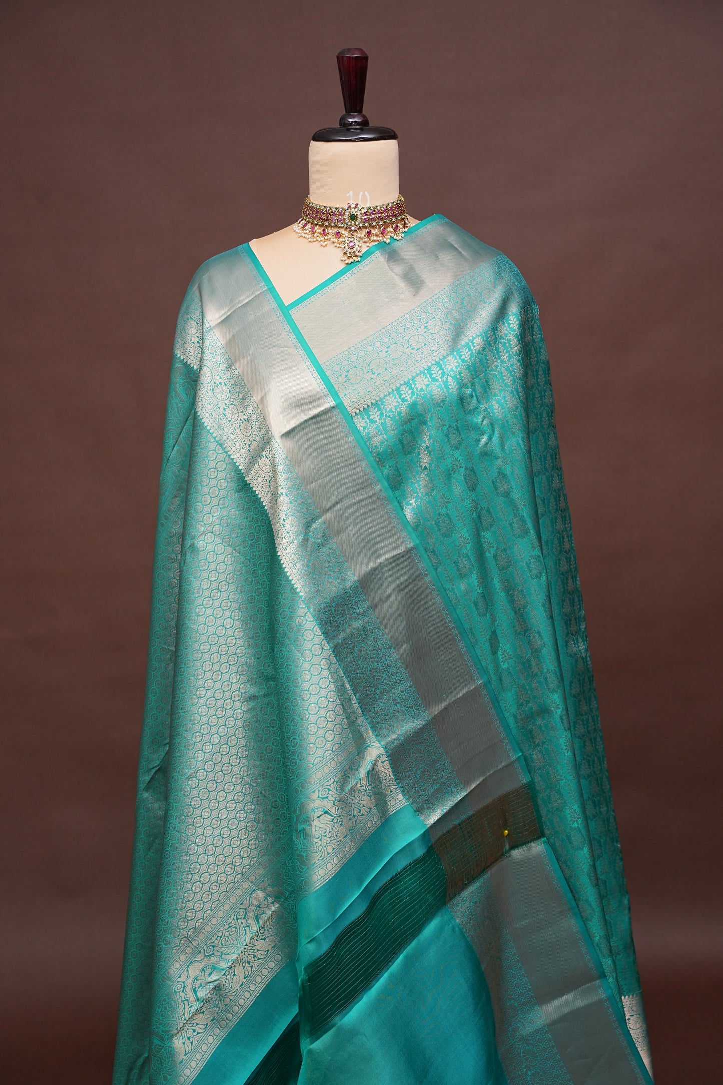 Aqua Green Pure Kanjivaram Silk Saree with Antique Gold Zari Weaving
