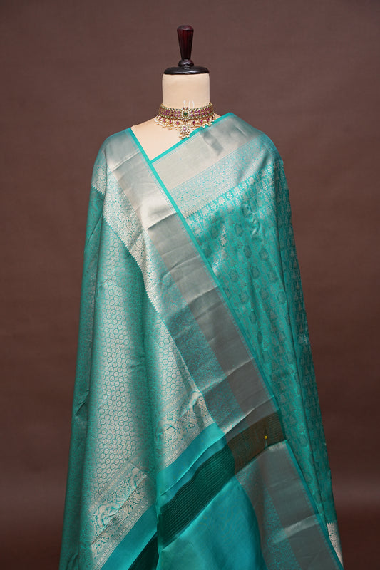 Aqua Green Pure Kanjivaram Silk Saree with Antique Gold Zari Weaving