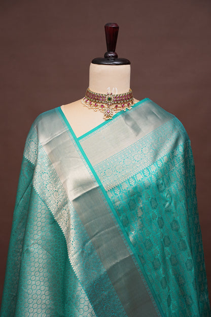 Aqua Green Pure Kanjivaram Silk Saree with Antique Gold Zari Weaving