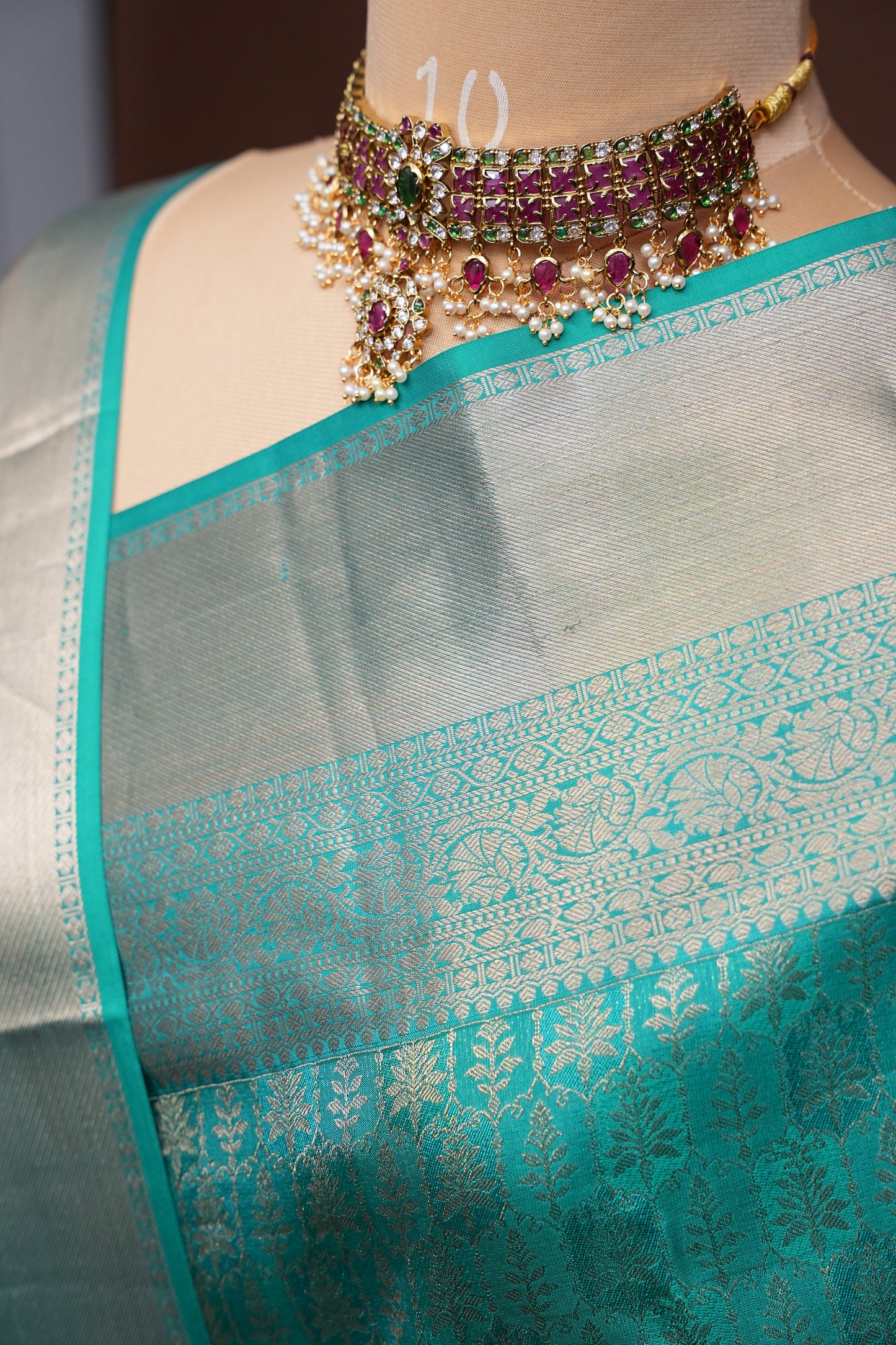 Aqua Green Pure Kanjivaram Silk Saree with Antique Gold Zari Weaving
