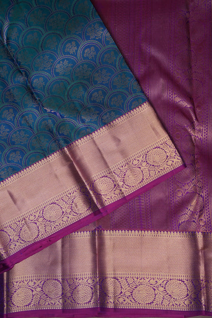Teal Blue & Magenta Pure Kanchipuram Silk Saree with Gold Zari Border | Silk Mark Certified