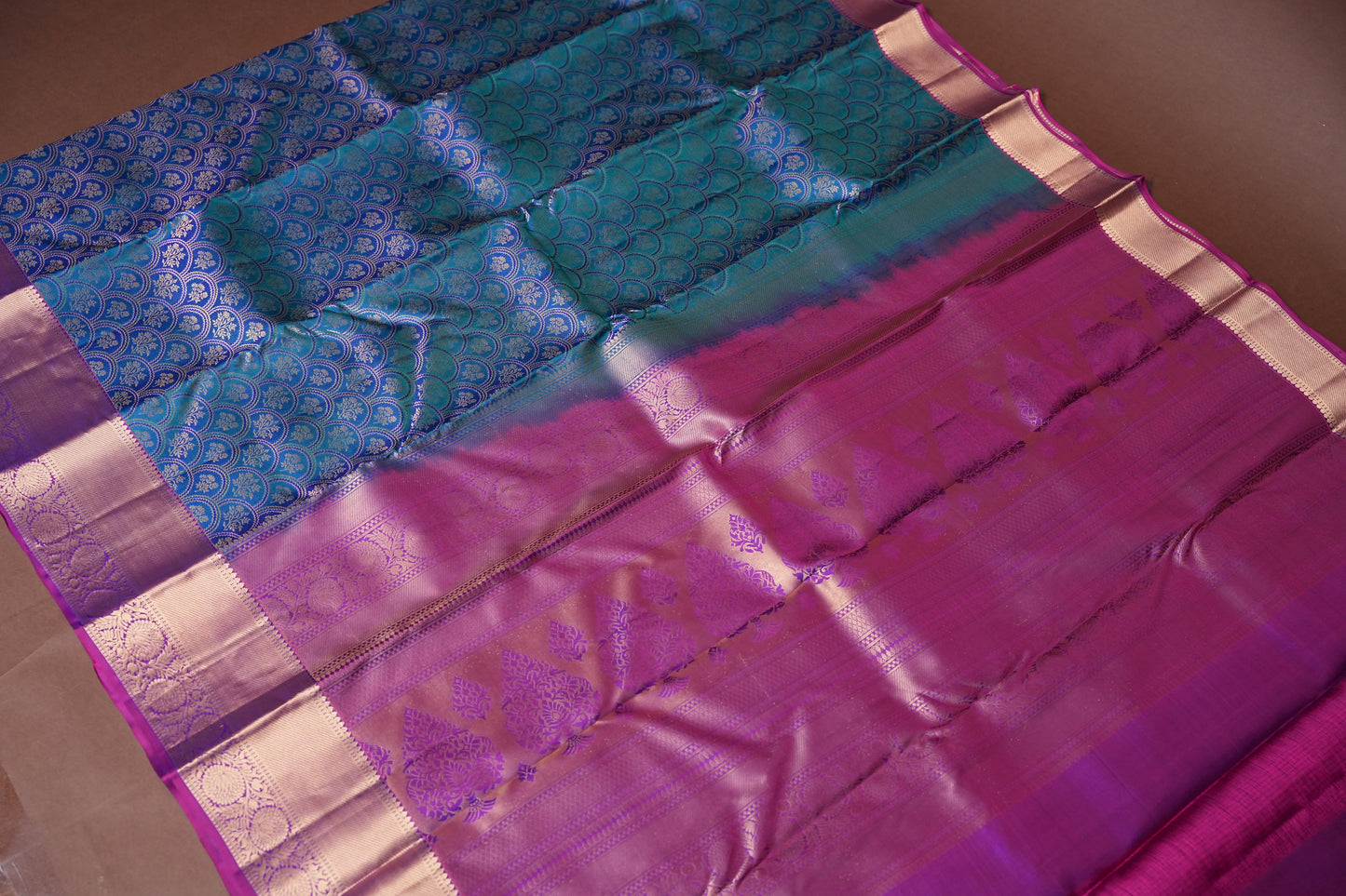 Teal Blue & Magenta Pure Kanchipuram Silk Saree with Gold Zari Border | Silk Mark Certified