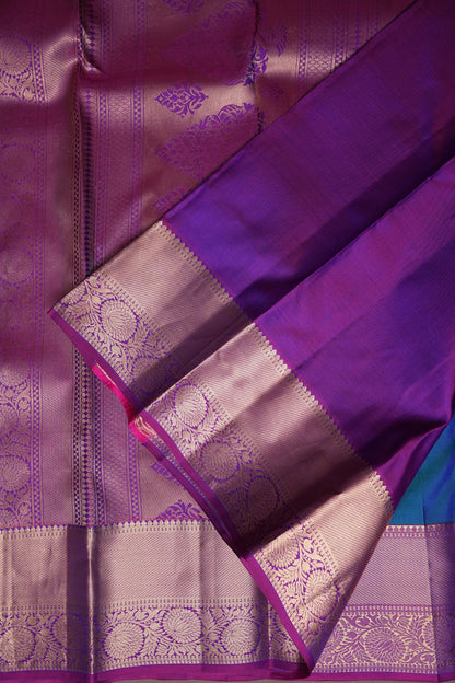 Teal Blue & Magenta Pure Kanchipuram Silk Saree with Gold Zari Border | Silk Mark Certified