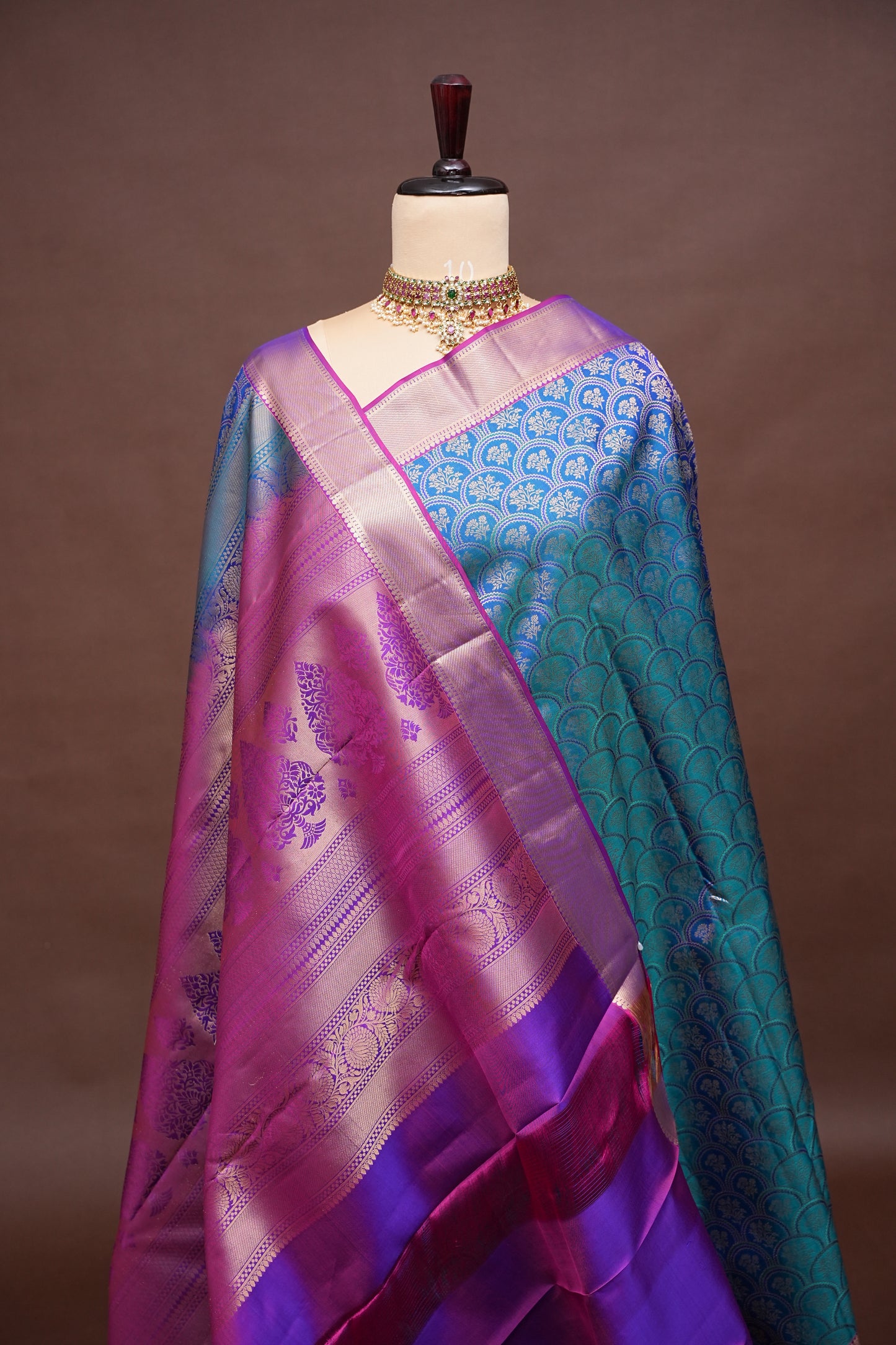Teal Blue & Magenta Pure Kanchipuram Silk Saree with Gold Zari Border | Silk Mark Certified