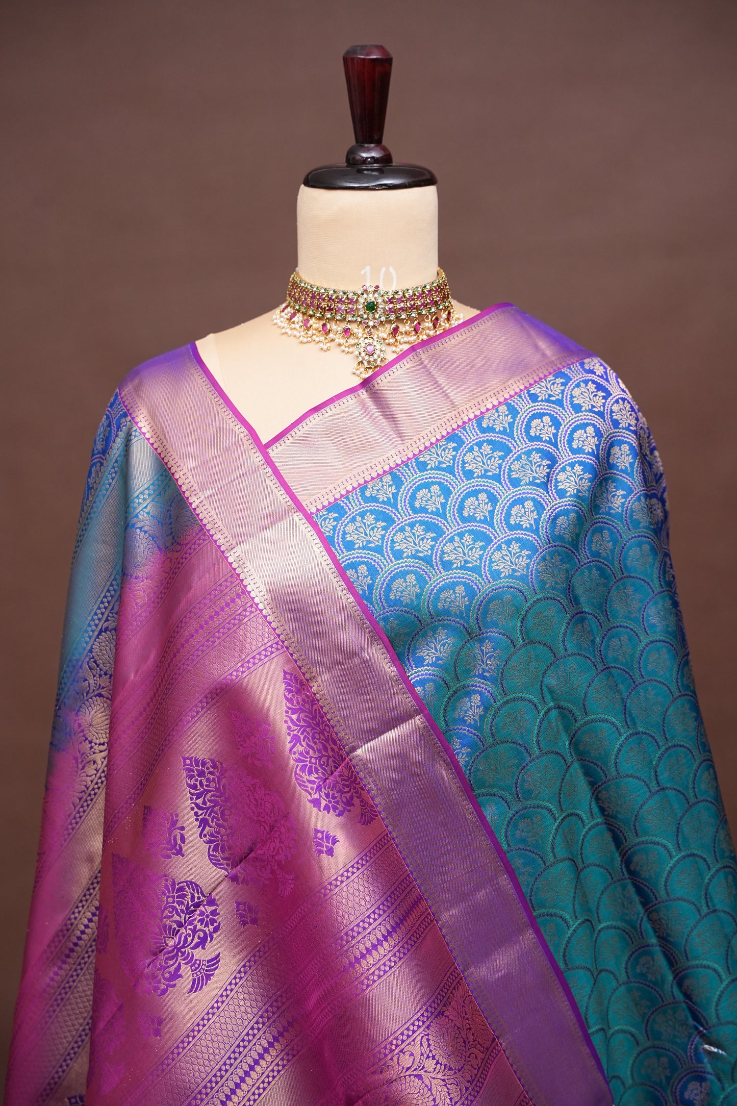 Teal Blue & Magenta Pure Kanchipuram Silk Saree with Gold Zari Border | Silk Mark Certified