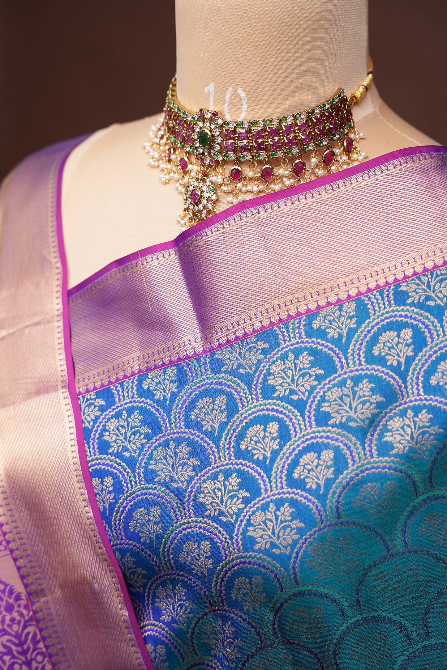 Teal Blue & Magenta Pure Kanchipuram Silk Saree with Gold Zari Border | Silk Mark Certified