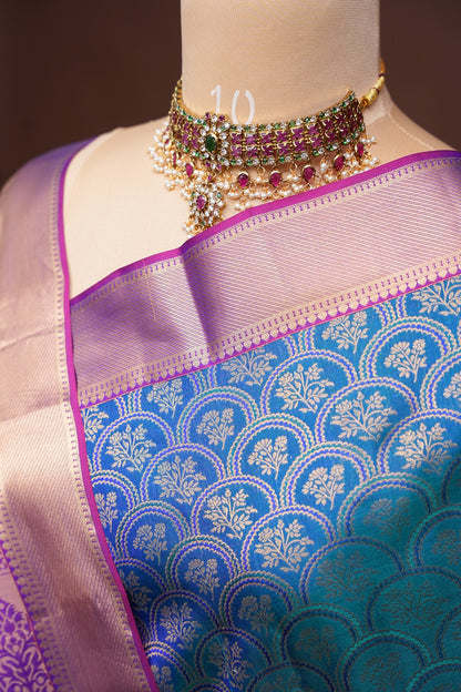 Teal Blue & Magenta Pure Kanchipuram Silk Saree with Gold Zari Border | Silk Mark Certified