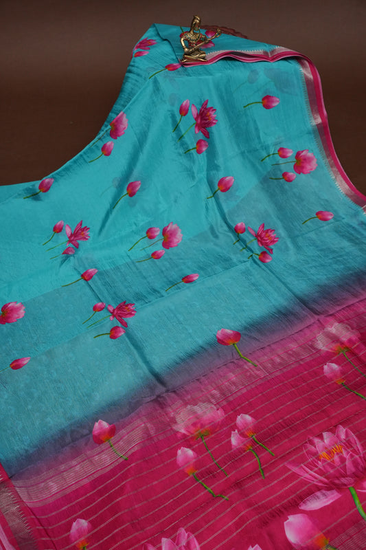Mangalagiri Printed Silk Saree – Teal Blue & Rani Pink