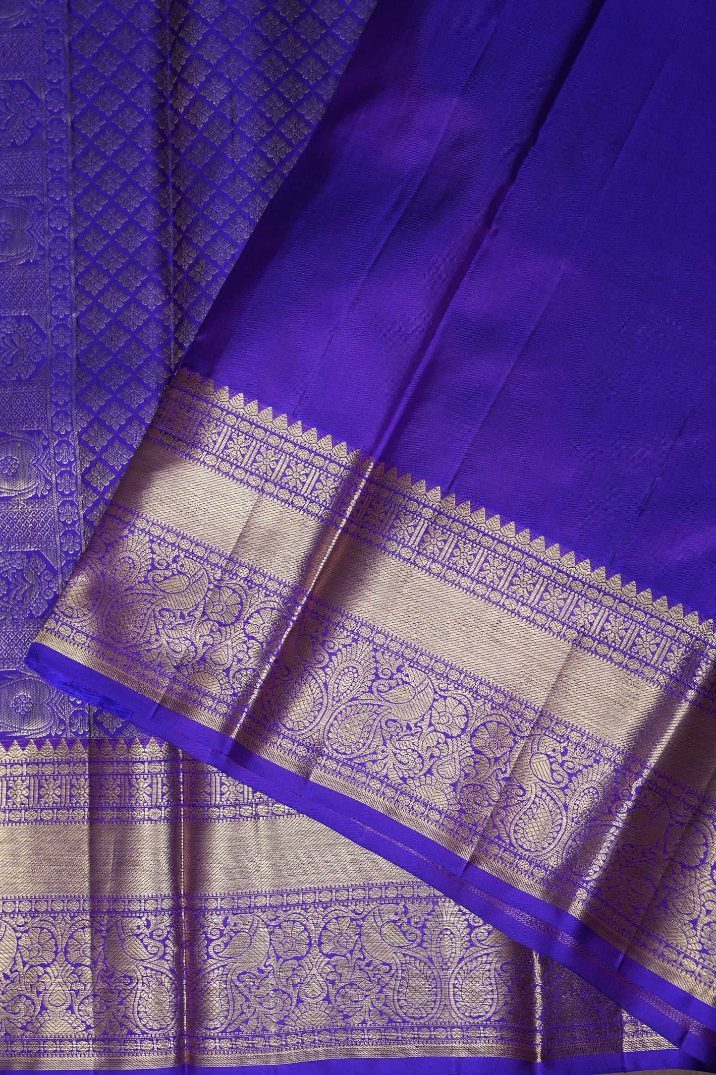 Royal Violet Pure Kanchipuram Silk Saree with Antique Gold Zari Weaving | Silk Mark Certified