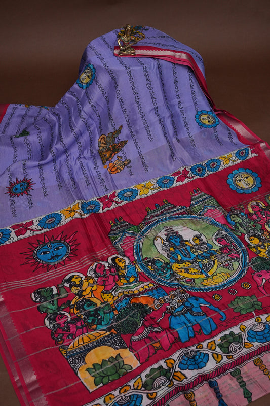 Mangalagiri Printed Silk Saree - Lavender & Rani Pink