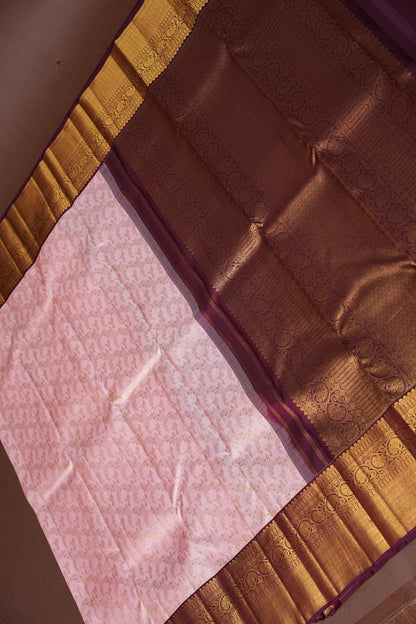 Soft Pink With Coffee Pure Kanchipuram Silk Saree with Rich 2 Gram Gold Zari Weaving|Silk Mark Certified