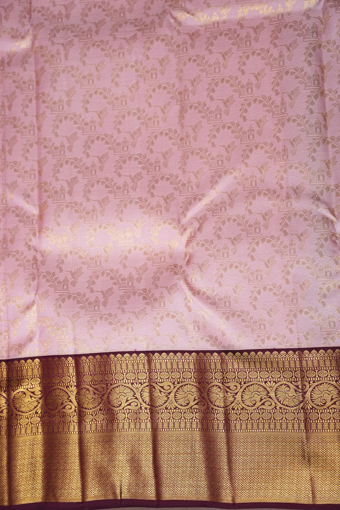 Soft Pink With Coffee Pure Kanchipuram Silk Saree with Rich 2 Gram Gold Zari Weaving|Silk Mark Certified