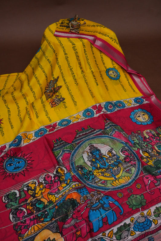 Mangalagiri Printed Silk Saree - Yellow & Rani Pink