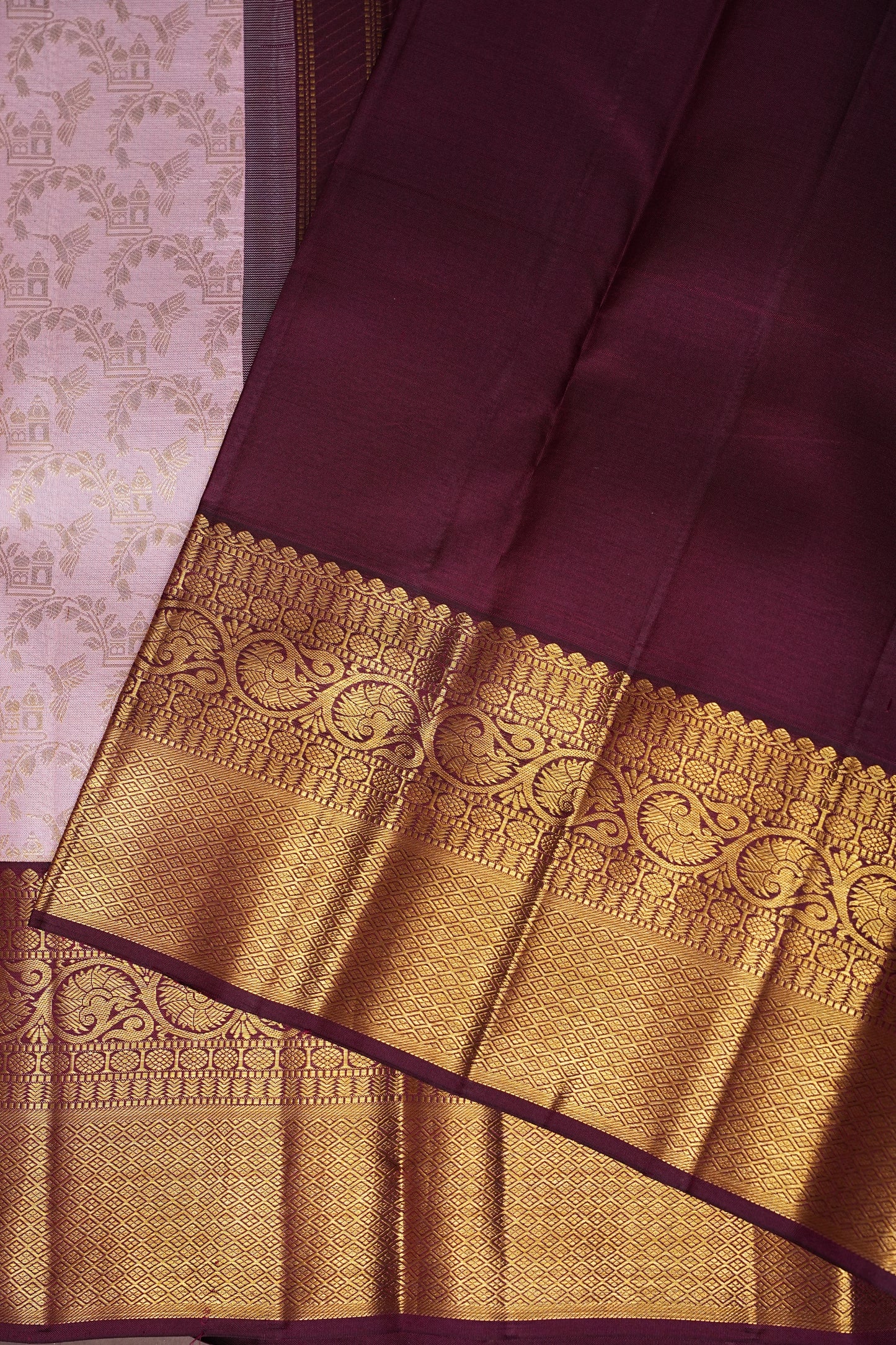 Soft Pink With Coffee Pure Kanchipuram Silk Saree with Rich 2 Gram Gold Zari Weaving|Silk Mark Certified