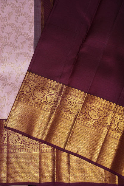 Soft Pink With Coffee Pure Kanchipuram Silk Saree with Rich 2 Gram Gold Zari Weaving|Silk Mark Certified
