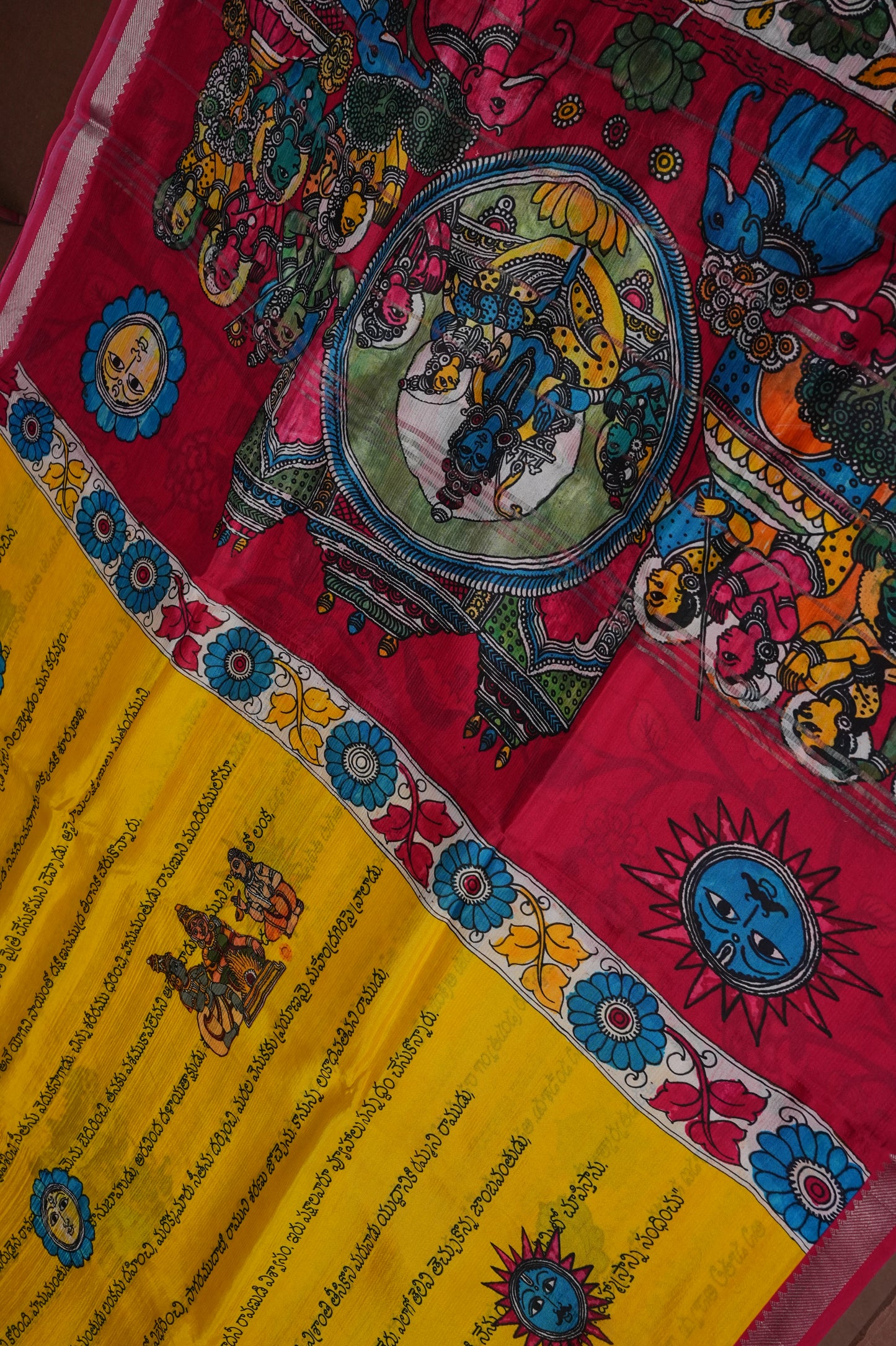 Mangalagiri Printed Silk Saree - Yellow & Rani Pink