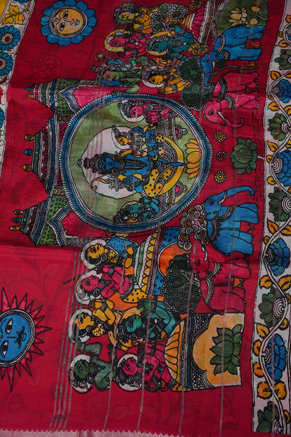 Mangalagiri Printed Silk Saree - Yellow & Rani Pink