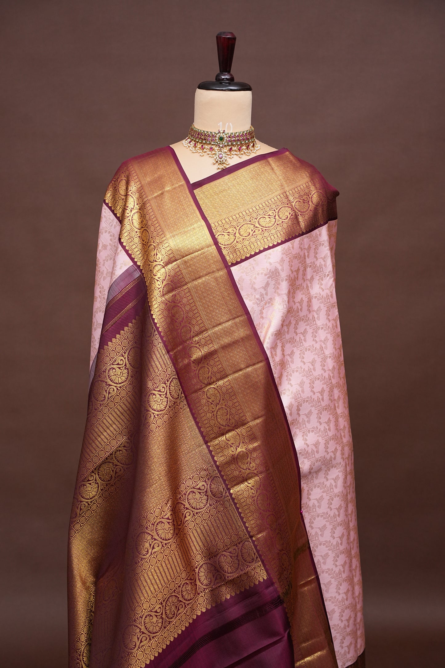 Soft Pink With Coffee Pure Kanchipuram Silk Saree with Rich 2 Gram Gold Zari Weaving|Silk Mark Certified