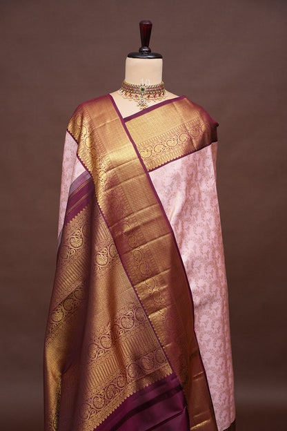 Soft Pink With Coffee Pure Kanchipuram Silk Saree with Rich 2 Gram Gold Zari Weaving|Silk Mark Certified