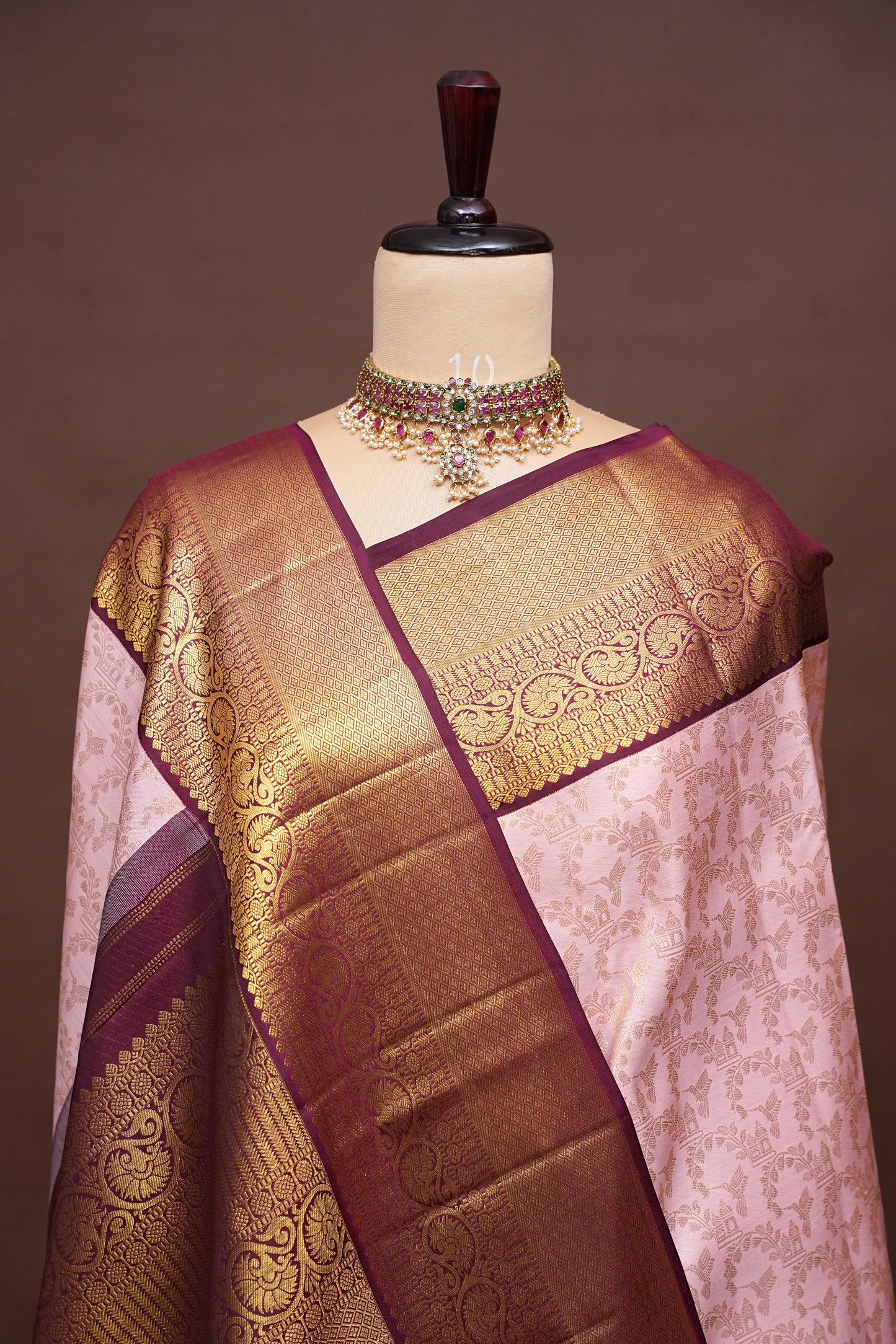 Soft Pink With Coffee Pure Kanchipuram Silk Saree with Rich 2 Gram Gold Zari Weaving|Silk Mark Certified