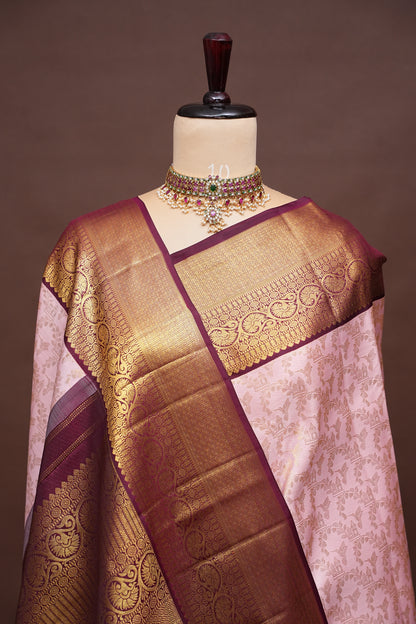 Soft Pink With Coffee Pure Kanchipuram Silk Saree with Rich 2 Gram Gold Zari Weaving|Silk Mark Certified