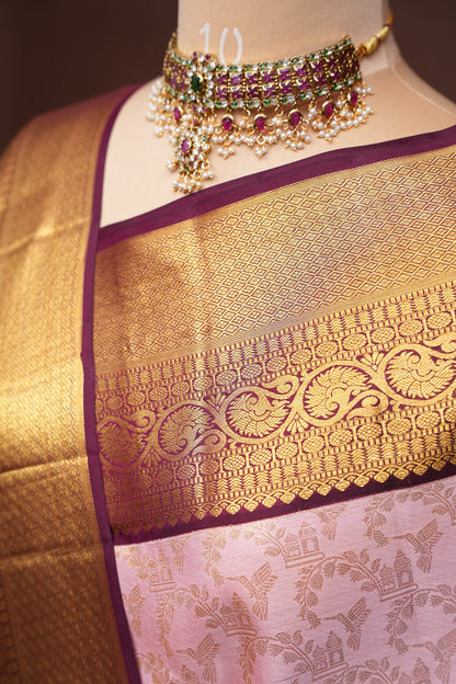 Soft Pink With Coffee Pure Kanchipuram Silk Saree with Rich 2 Gram Gold Zari Weaving|Silk Mark Certified